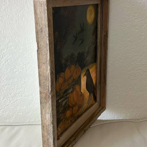 OIL PAINTING Harvest Moon Crow And Pumpkin Art Reclaimed Barn-wood Holiday Fall - Picture 7 of 10